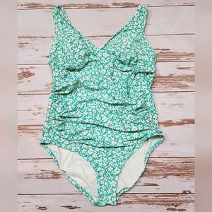 Kona Sol Swimsuit Full Coverage Ruched Tummy Control Classic Mint Floral 16W